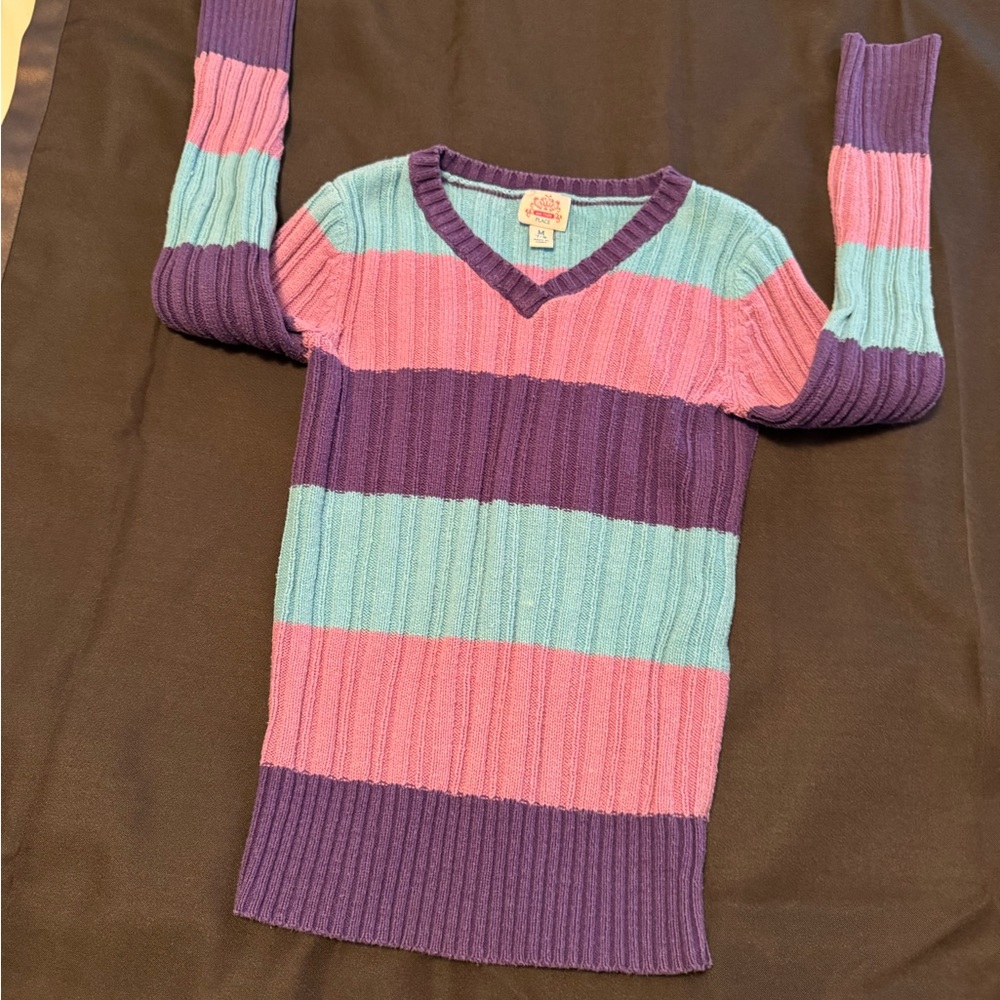 The Children's Place Girls Ribbed Striped V-Neck Sweater Purple Pink Aqua Sz 7/8